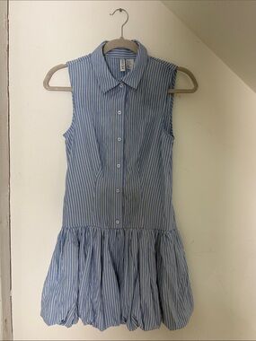 H&M Blue and White Striped Sleeveless Shirt Dress